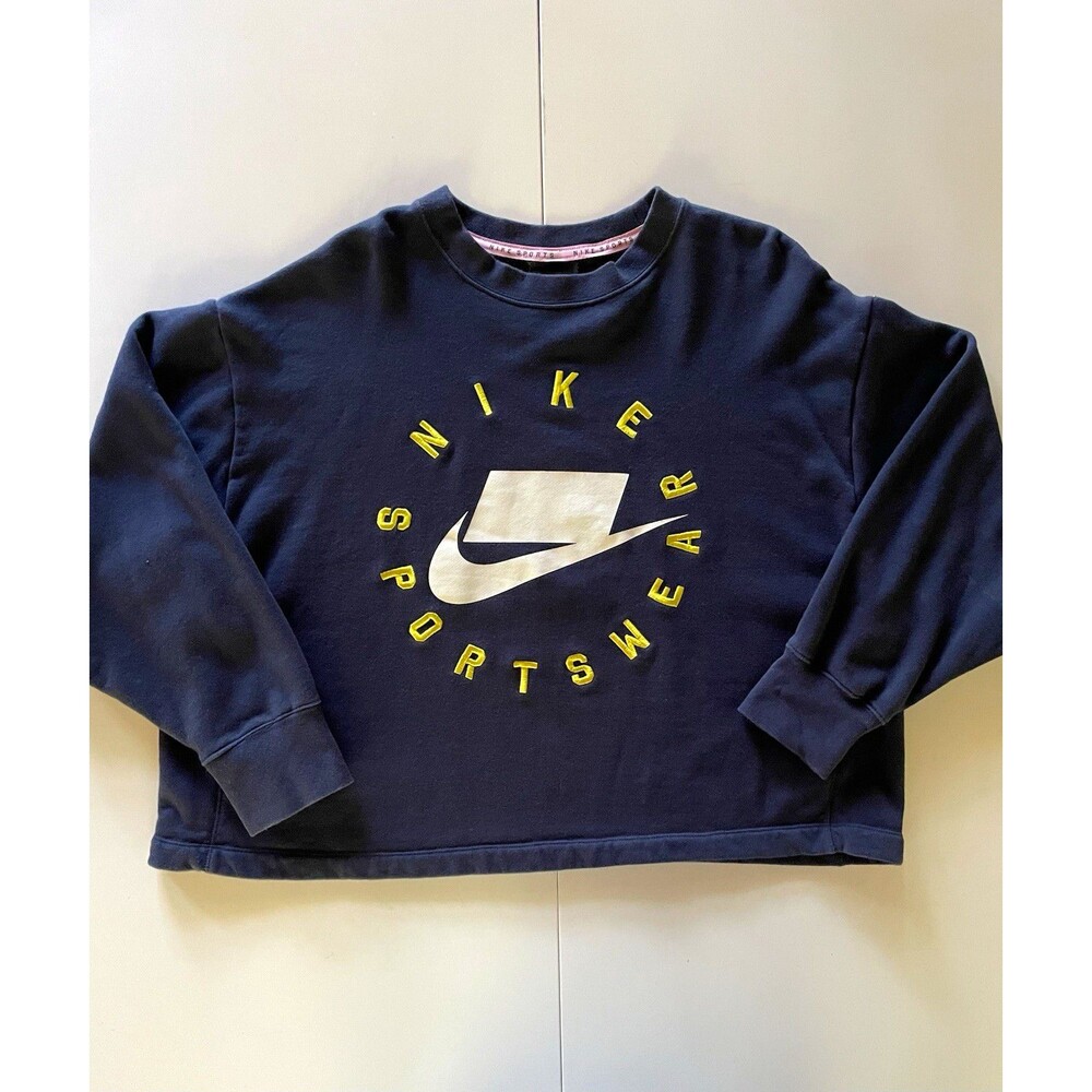 Nike 100% Cotton Cropped Sportswear Navy Double-Sided Embroidered Sweatshirt L